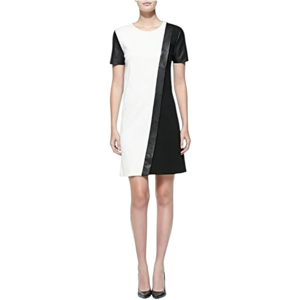 ST. JOHN Resort Milano Caviar Leather Colorblock Sheath Dress Black Cream Wool 6